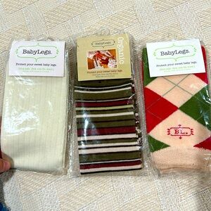 BABYLEGS Leg Warmers neutral cream ribbed mossy green striped stocking plaid OS